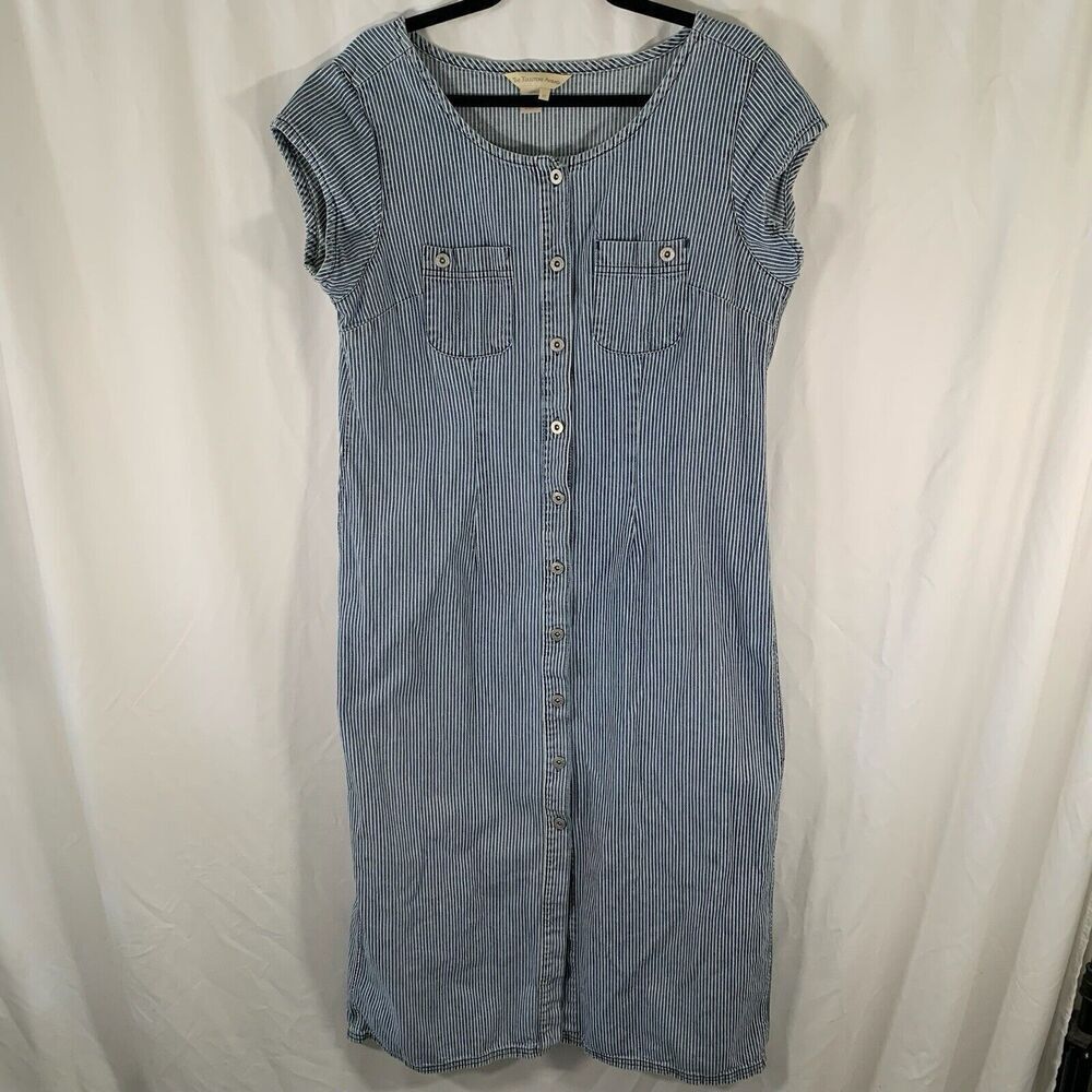 The Territory Ahead Midi Dress Women's 16 Blue White Striped Button Up Short Sle
